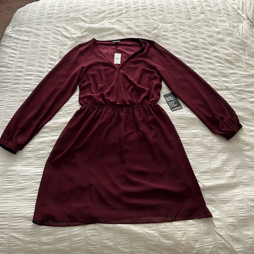 Express Burgundy Long Sleeve V-Neck Midi Dress